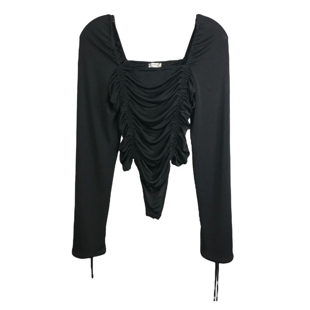 Free People Intimately Bodysuit Womens Sz S Black Ruched Long Sleeve Square Neck